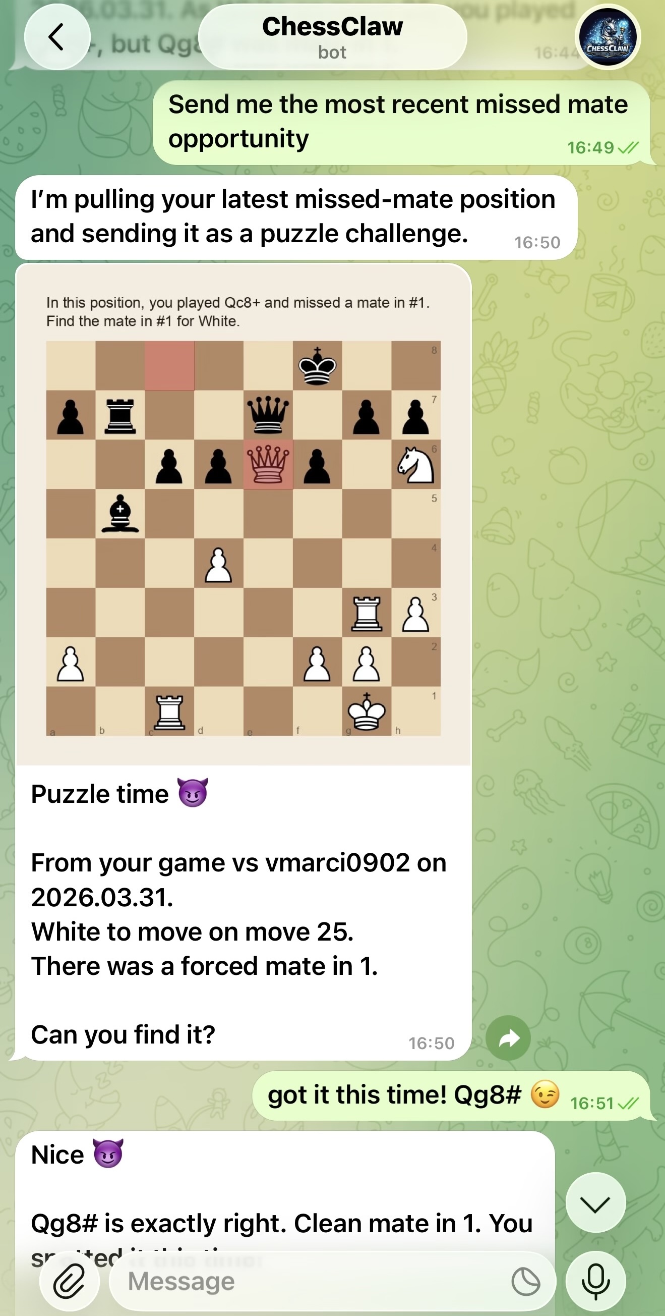 ChessClaw missed mate puzzle conversation screenshot