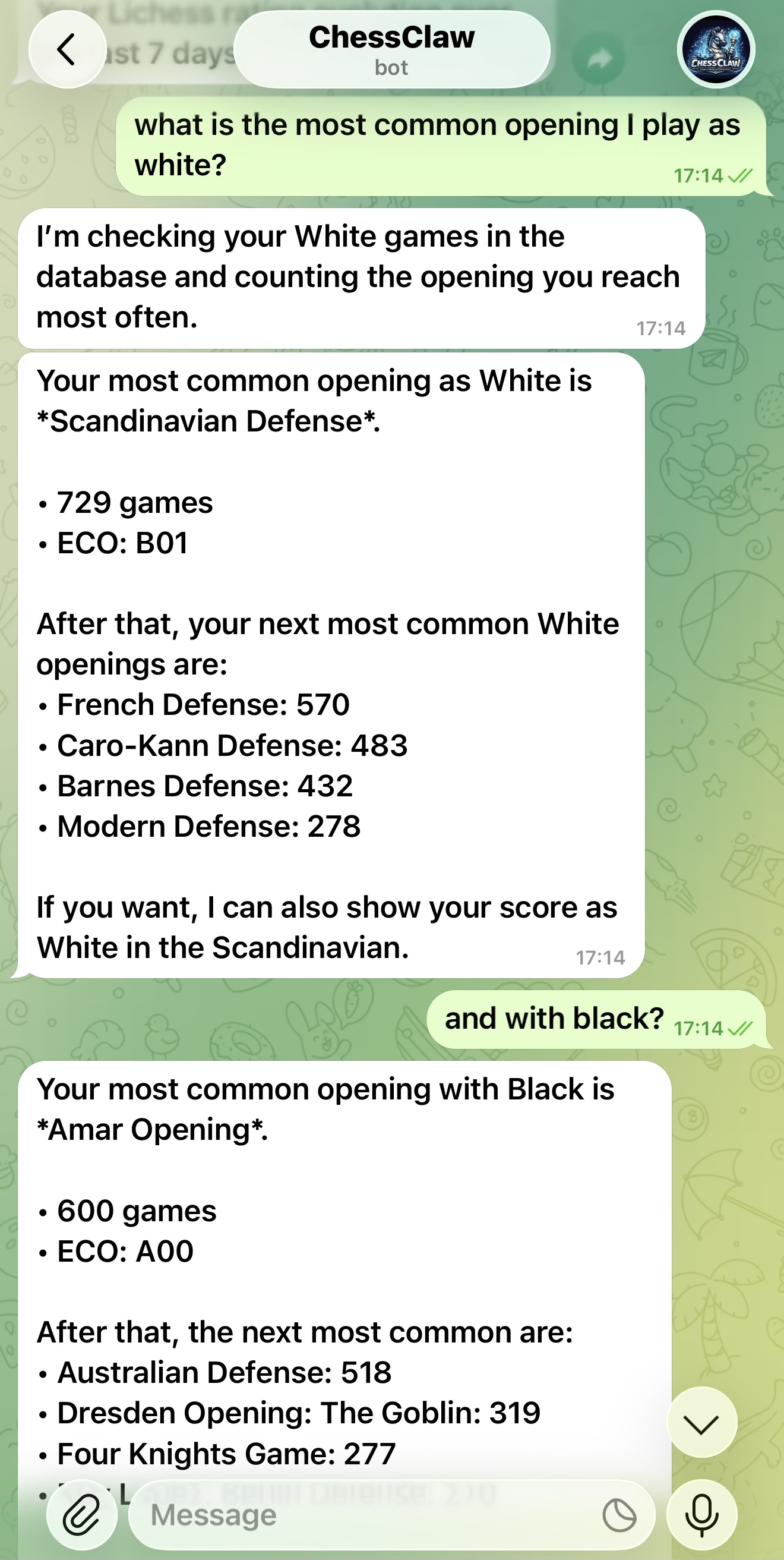 ChessClaw opening stats conversation screenshot